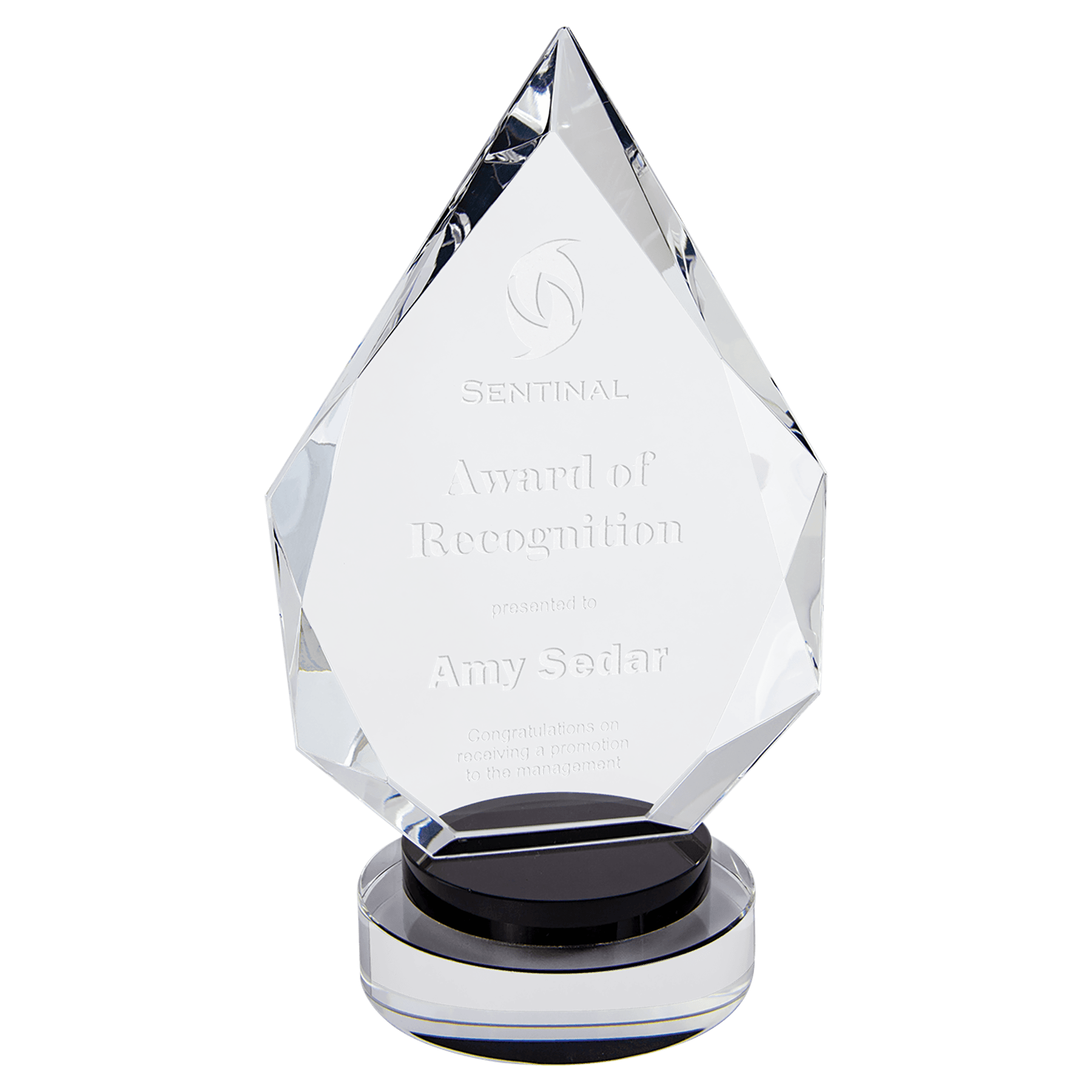 8 1/4" Diamond Crystal on Black & Clear Round Base — engravable optical crystal award