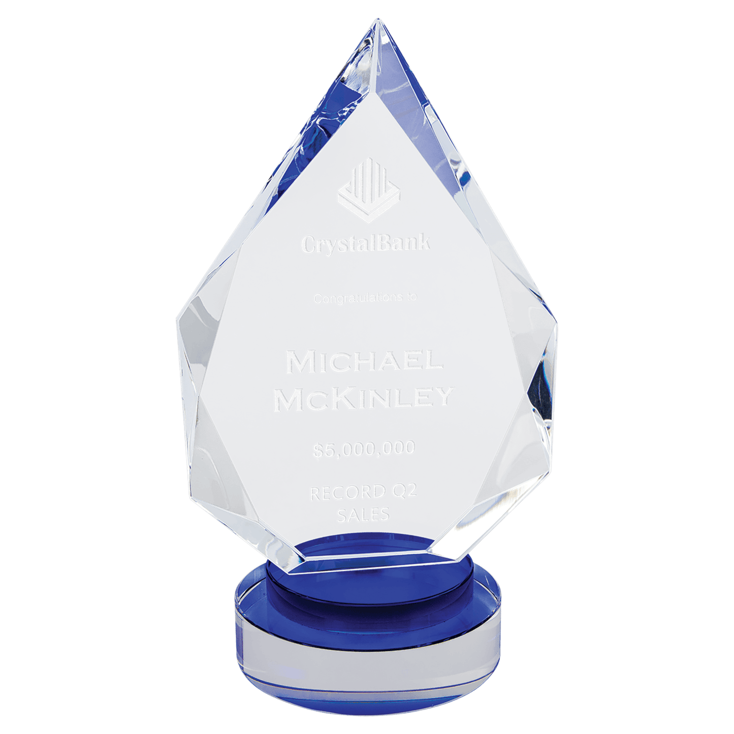 9 1/2" Diamond Crystal on Blue & Clear Round Base — engravable optical crystal award