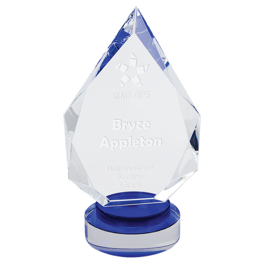 8 1/4" Diamond Crystal on Blue & Clear Round Base — engravable optical crystal award