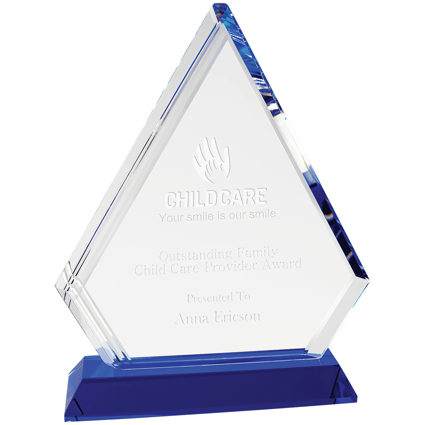 8 3/4" Crystal Diamond on Blue Pedestal Base — engravable optical crystal award