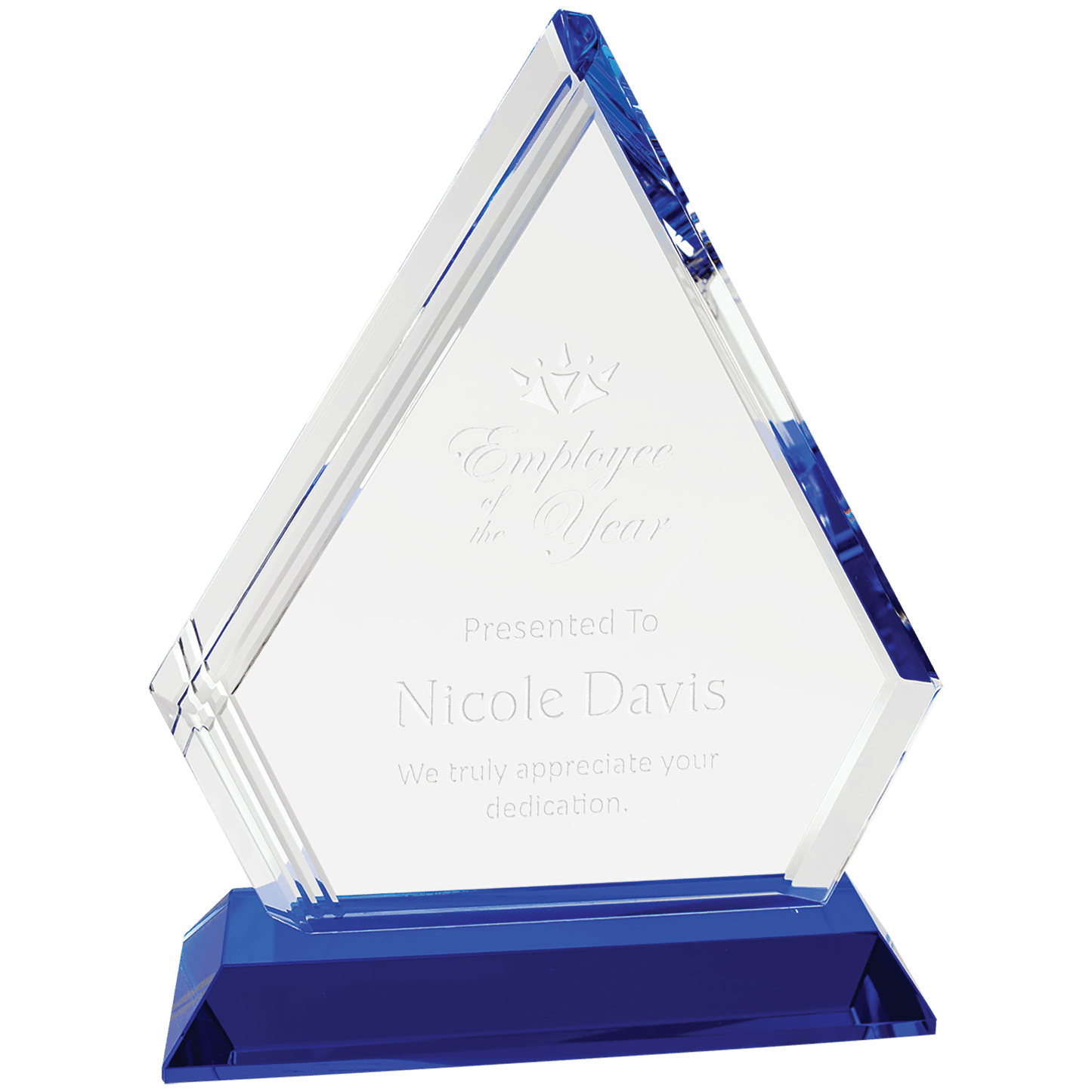 7 3/4" Crystal Diamond on Blue Pedestal Base — engravable optical crystal award