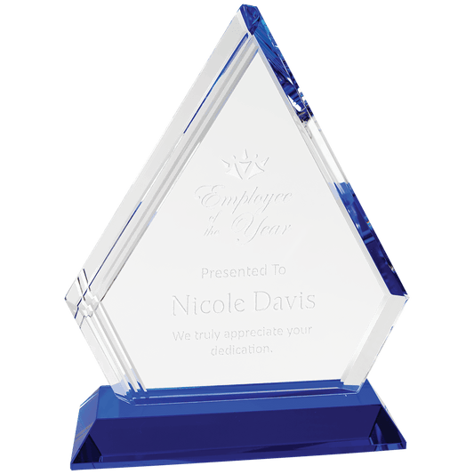7 3/4" Crystal Diamond on Blue Pedestal Base — engravable optical crystal award
