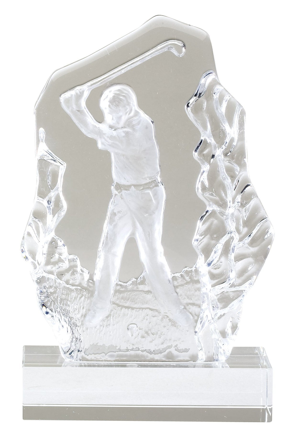 Frosted sculpted glass award with a golfer in mid-swing