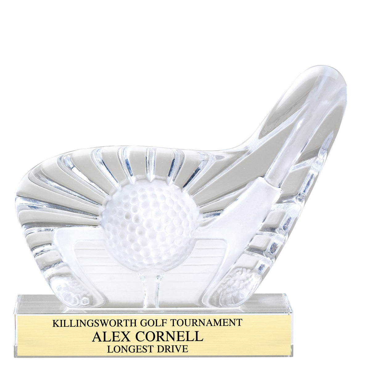Frosted sculpted glass award with a golf club and ball
