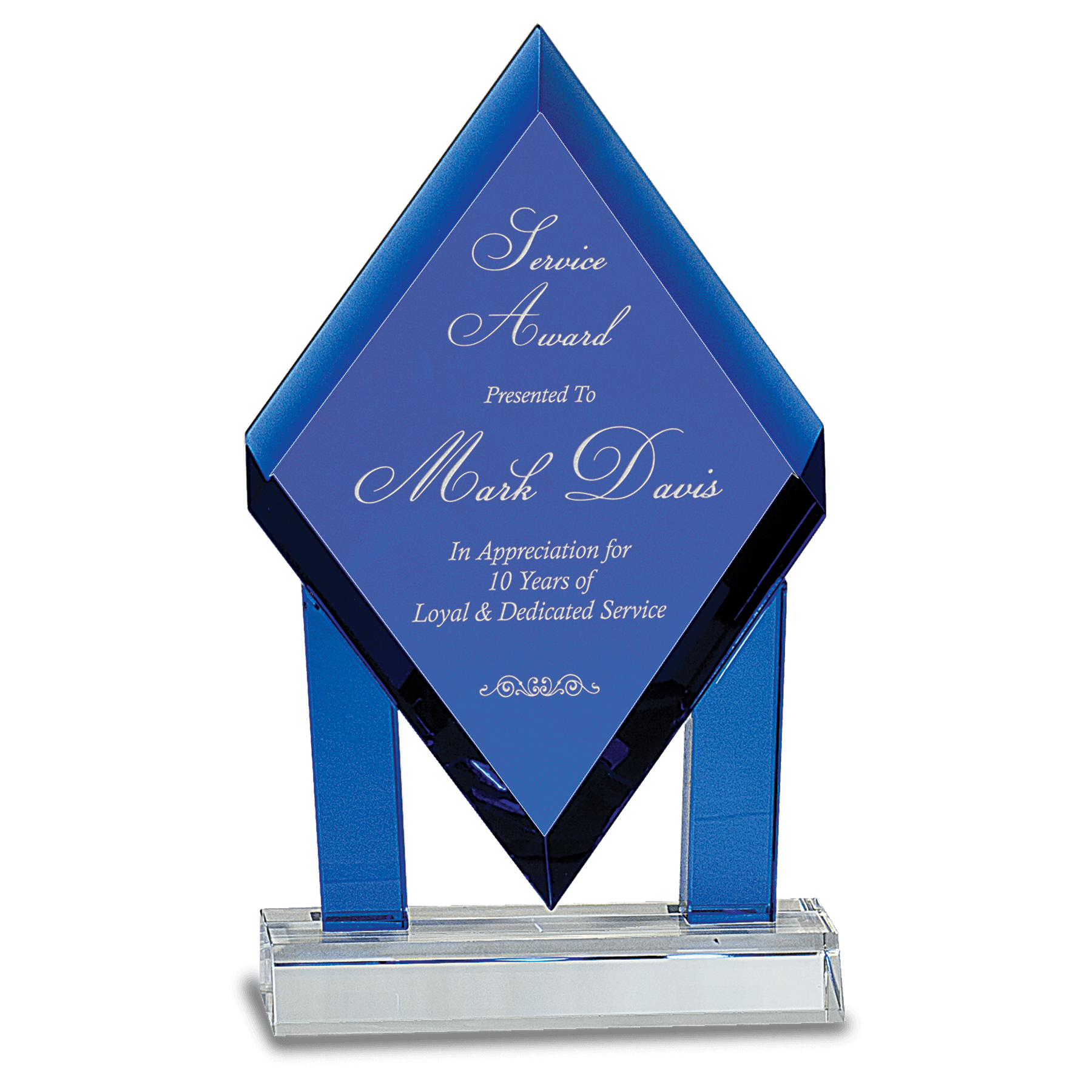 Blue Crystal Floating Diamond with Blue Columns on Clear Base — engravable optical crystal award