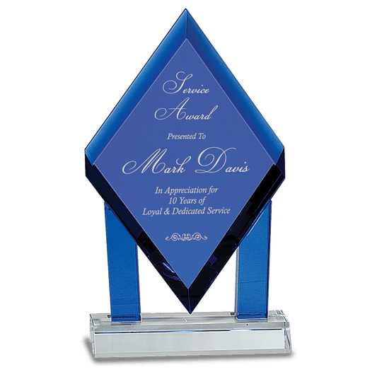Blue Crystal Floating Diamond with Blue Columns on Clear Base — engravable optical crystal award