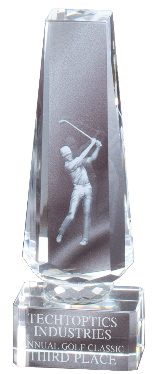 Crystal tower with a 3D golfer inside, 7" size