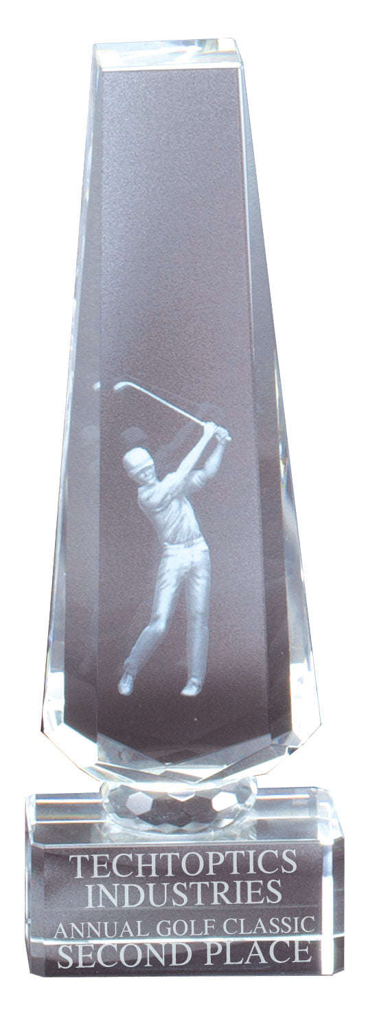 Crystal tower with a 3D golfer inside, 8" size