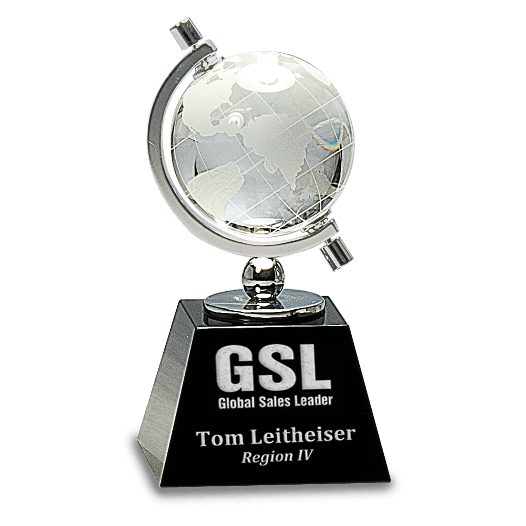 6 inch crystal spinning globe award on black crystal base