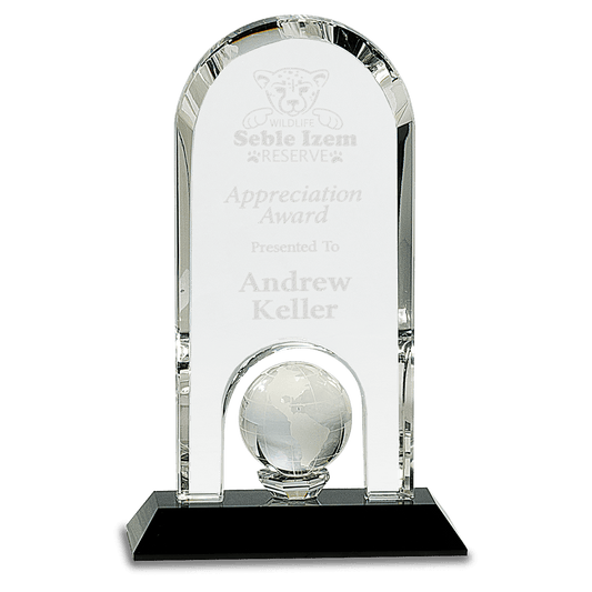 8.75 inch clear crystal dome award with inset globe on black pedestal base