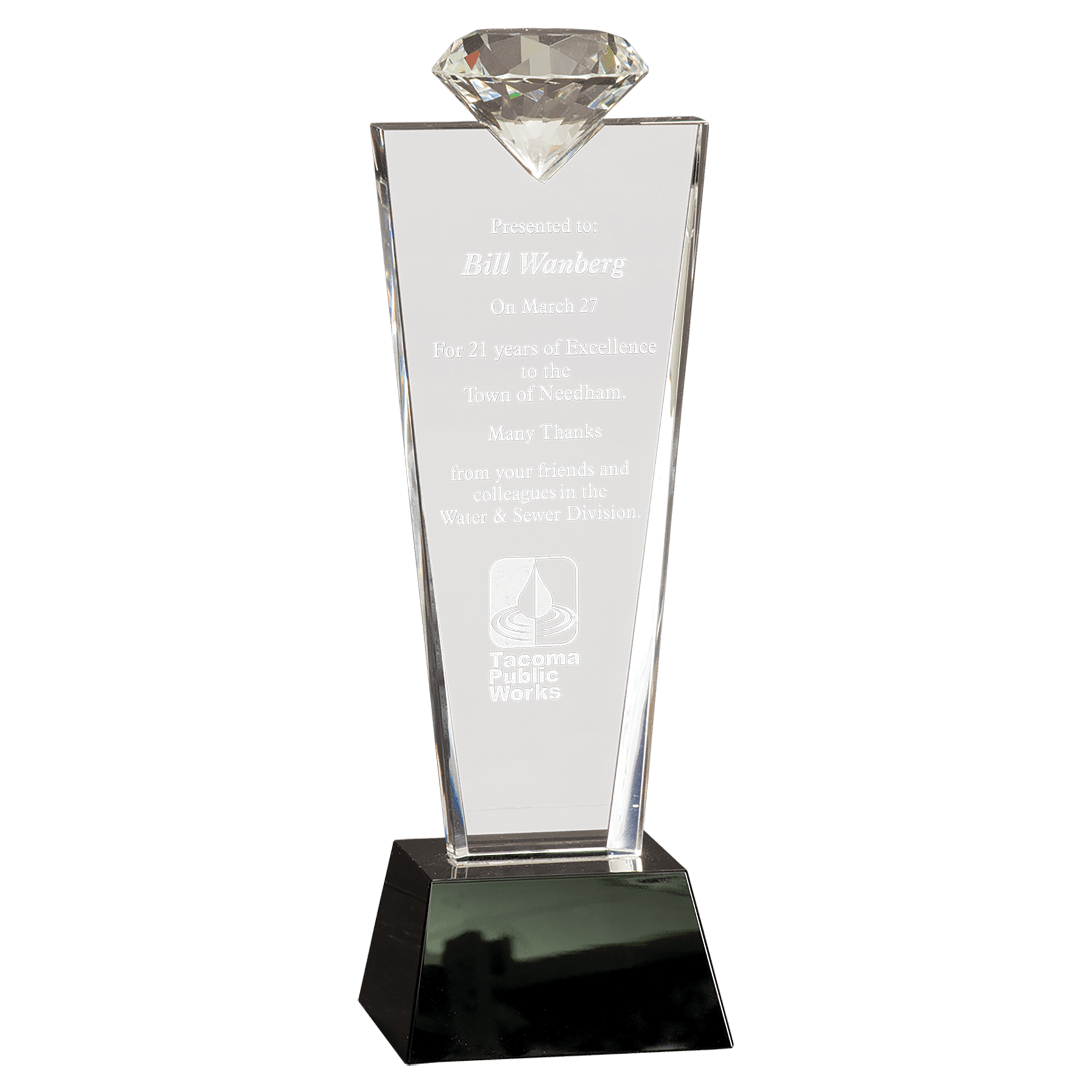 Crystal Diamond Top Award on Black Pedestal Base — engravable optical crystal award