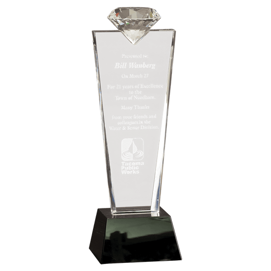 Crystal Diamond Top Award on Black Pedestal Base — engravable optical crystal award