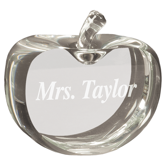 Flat crystal apple award with twisted stem, 3.5 by 3.75 inches