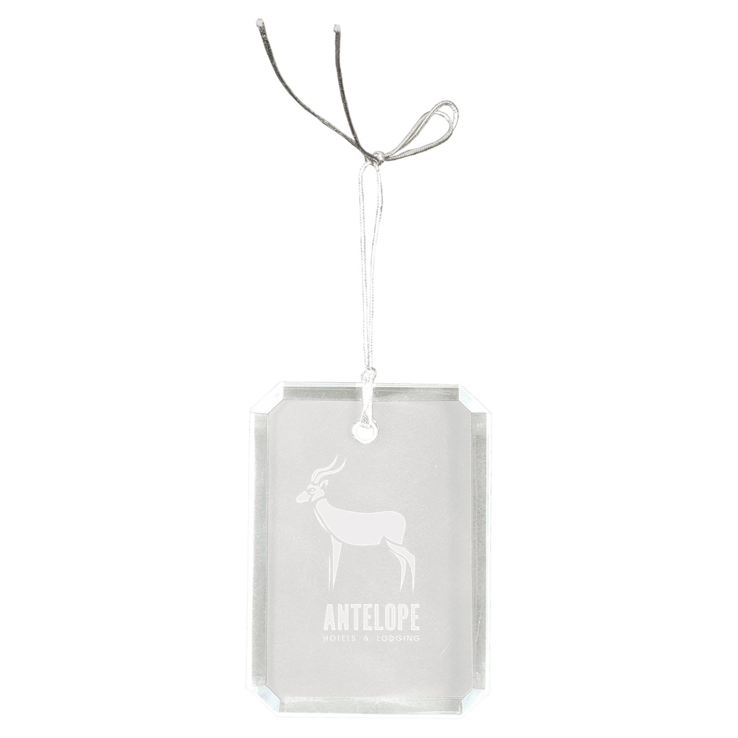 Personalized crystal rectangle ornament with clipped corners, custom engraved