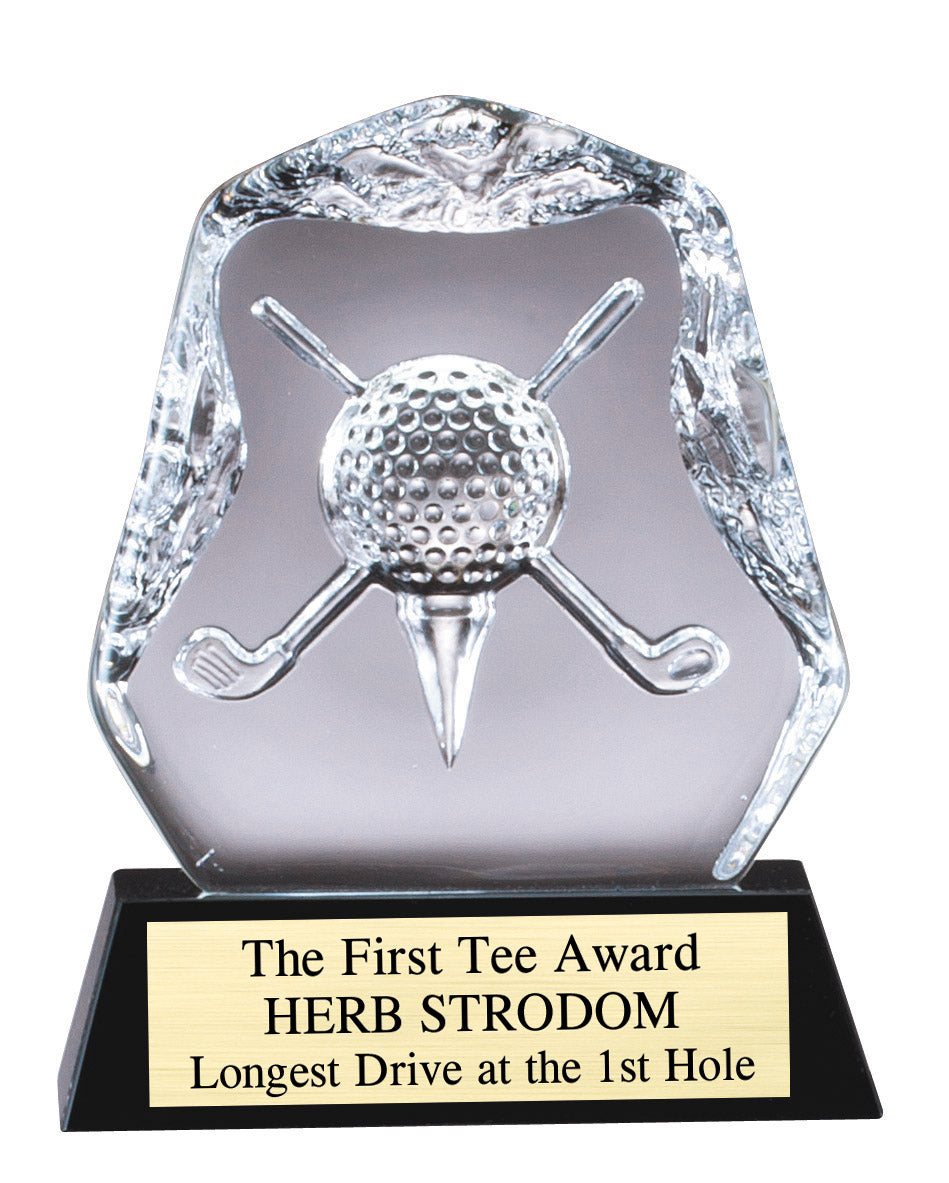 Crystal crossed golf clubs award on a black base, shown in all three sizes