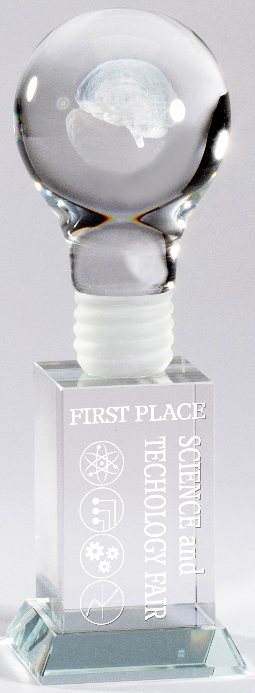 Crystal light bulb award with a 3D brain inside