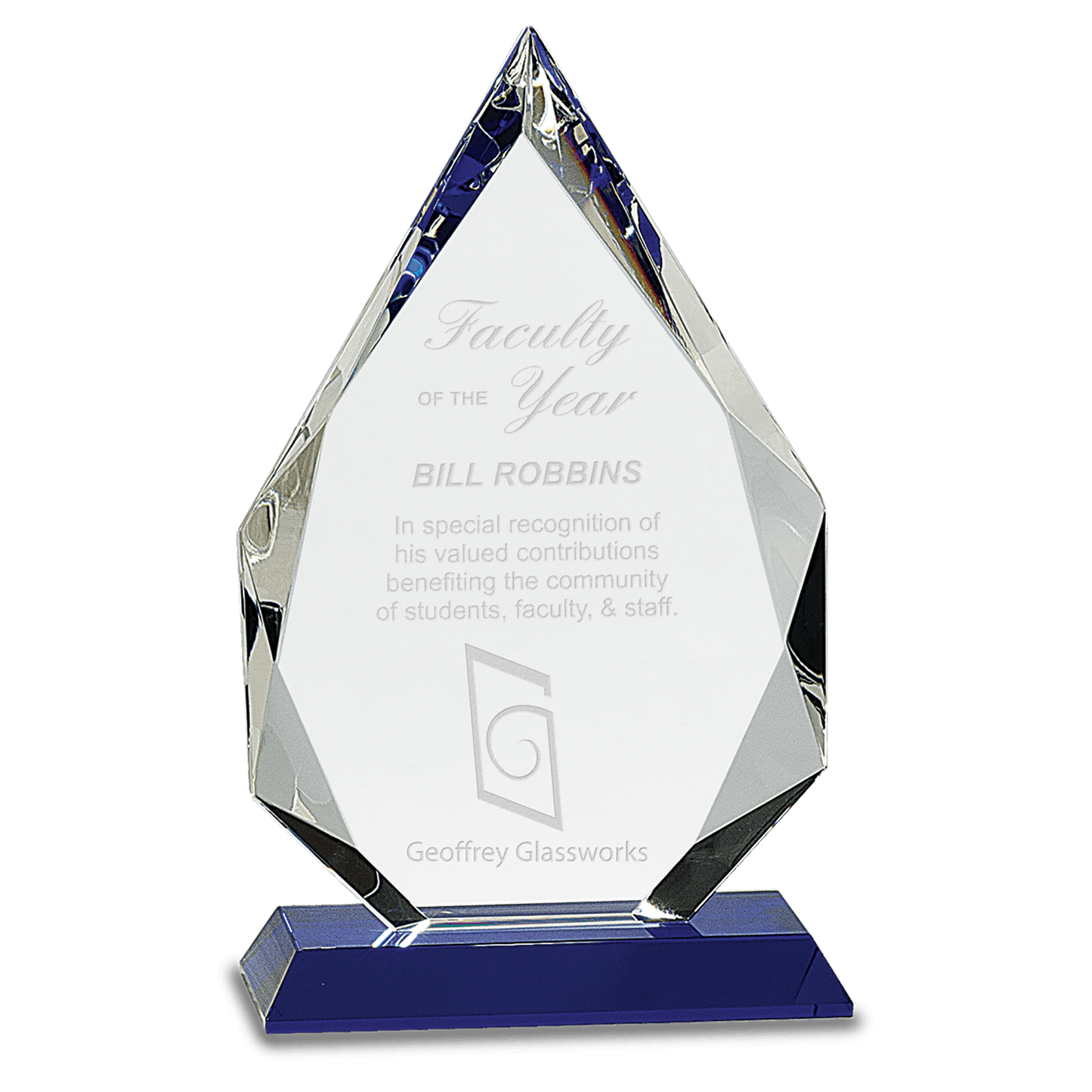 10" Diamond Crystal on Blue Pedestal Base — engravable optical crystal award