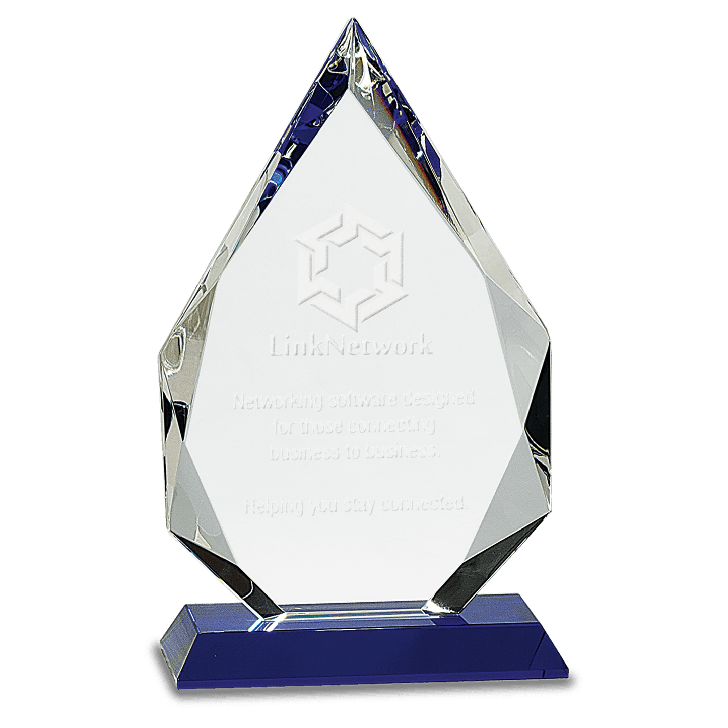 9" Diamond Crystal on Blue Pedestal Base — engravable optical crystal award