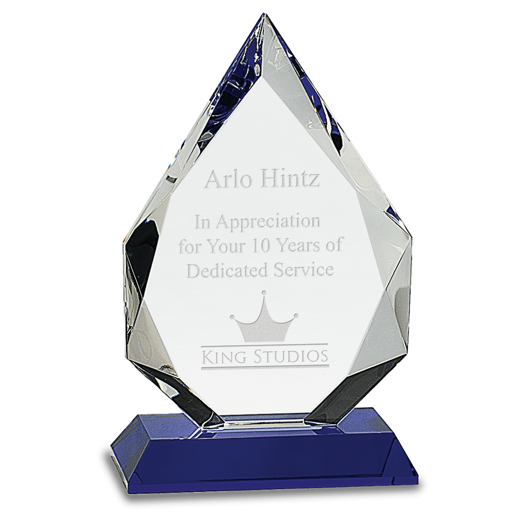 8" Diamond Crystal on Blue Pedestal Base — engravable optical crystal award