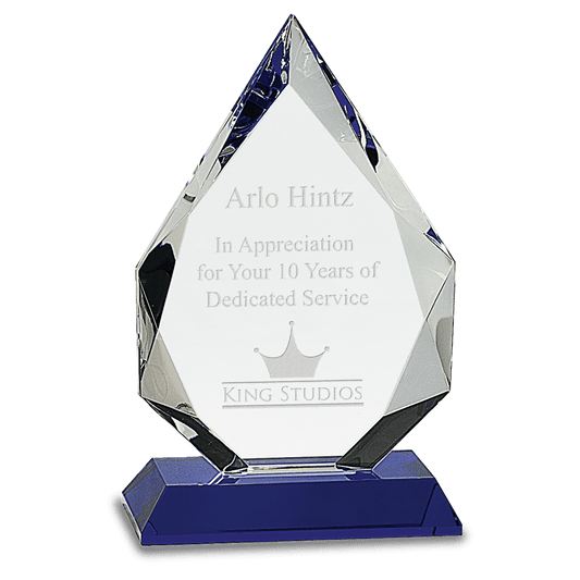 8" Diamond Crystal on Blue Pedestal Base — engravable optical crystal award
