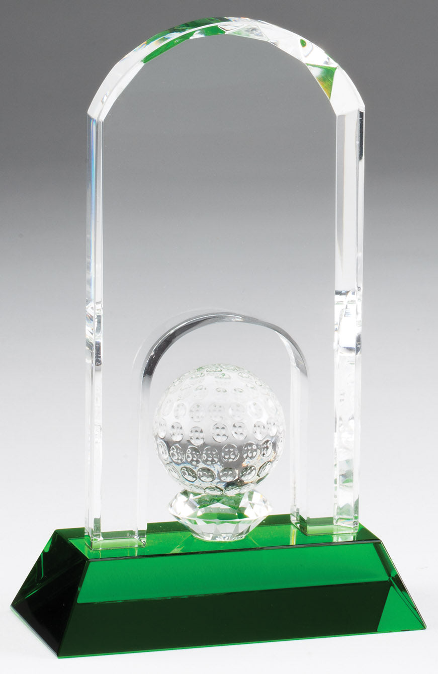 Crystal golf dome award on a green base, 7" size