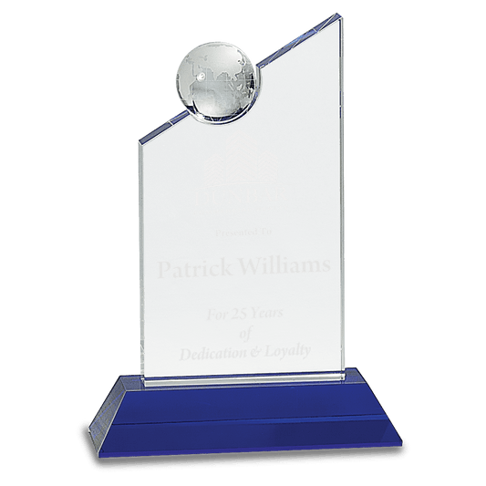 8.25 inch clear crystal award with inset globe on blue pedestal base