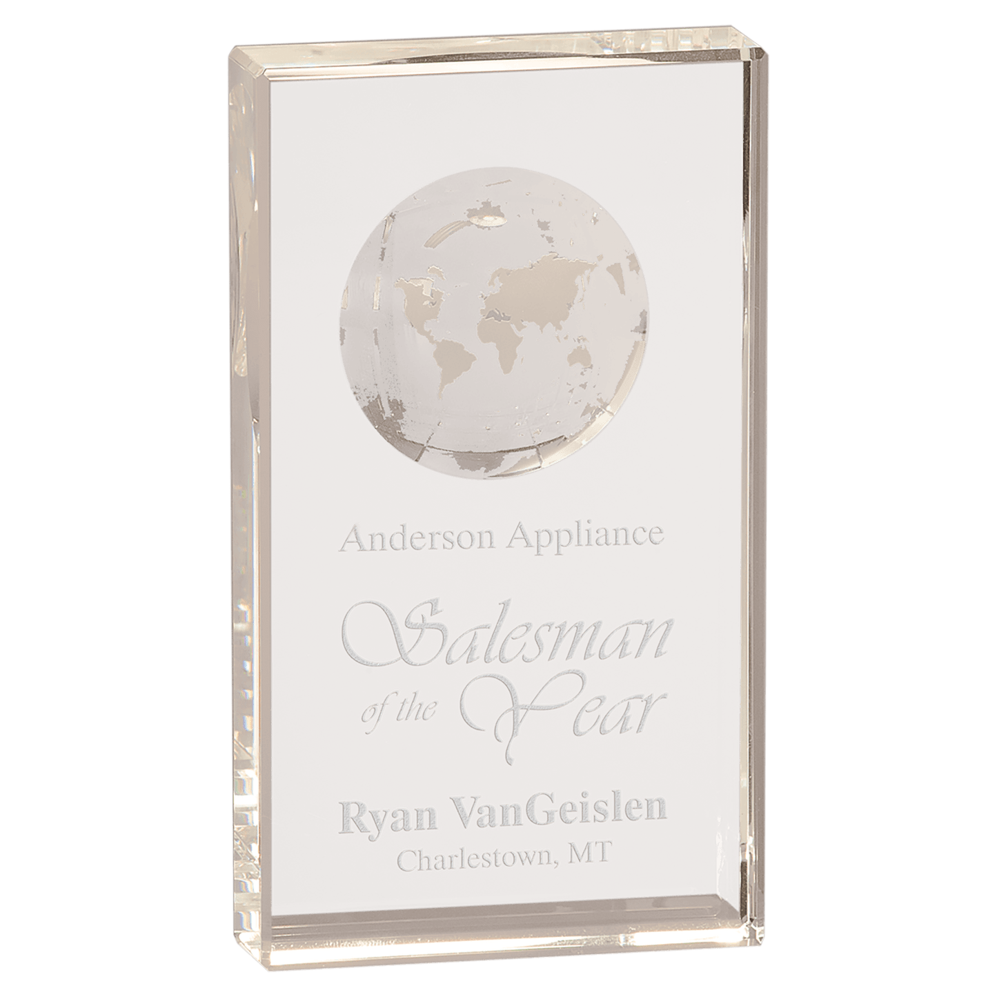 7 inch clear crystal rectangle award with inset 3D globe etching