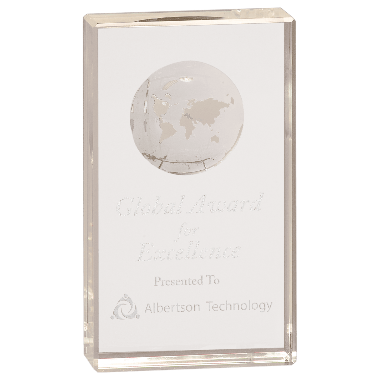6 inch clear crystal rectangle award with inset 3D globe etching
