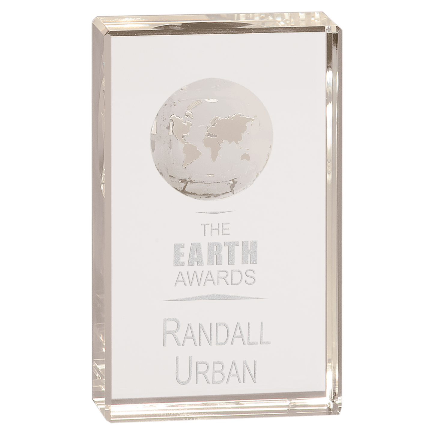 5 inch clear crystal rectangle award with inset 3D globe etching
