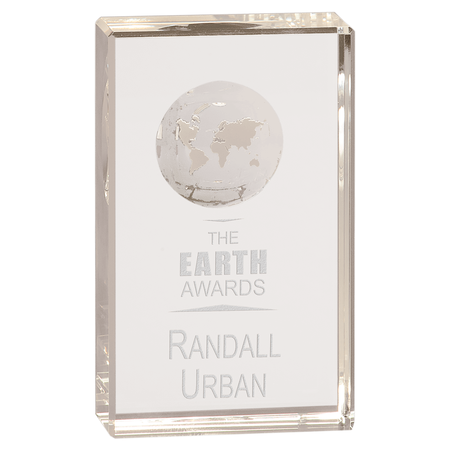 5 inch clear crystal rectangle award with inset 3D globe etching