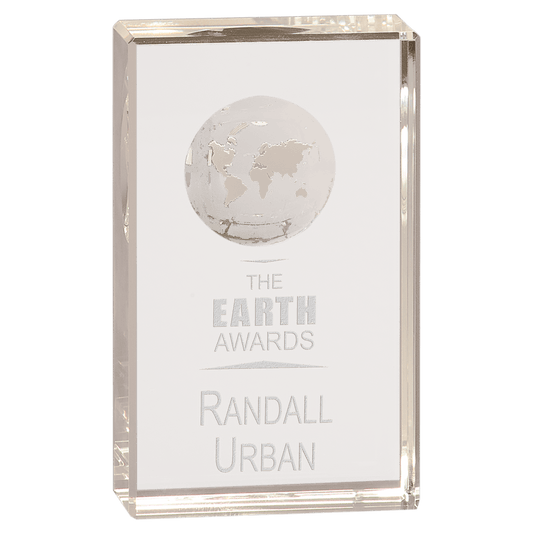 5 inch clear crystal rectangle award with inset 3D globe etching