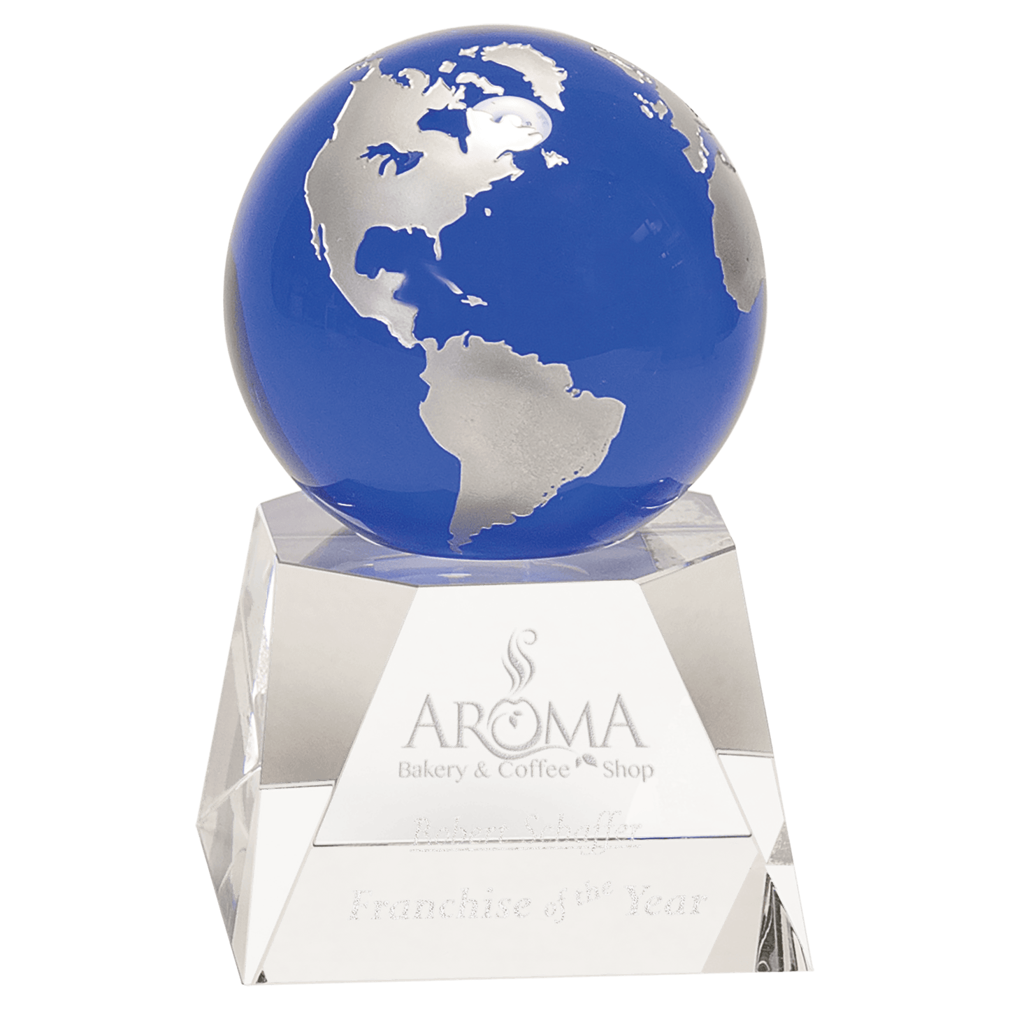 6.5 inch blue crystal globe with silver continents on clear crystal base