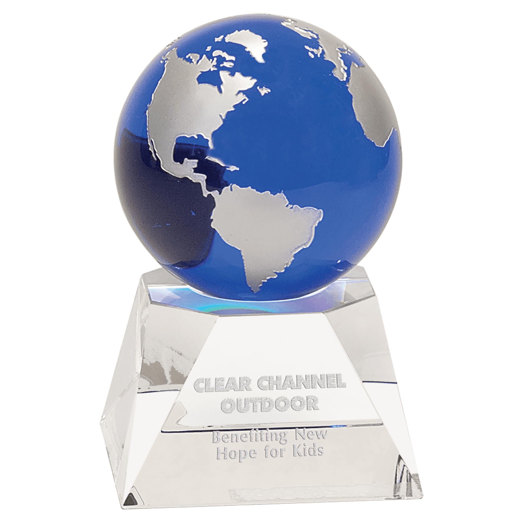 5 inch blue crystal globe with silver continents on clear crystal base