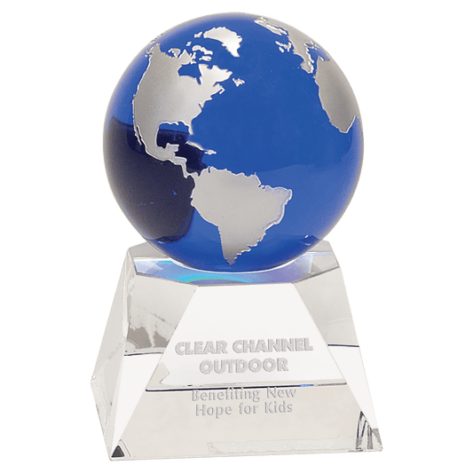 5 inch blue crystal globe with silver continents on clear crystal base