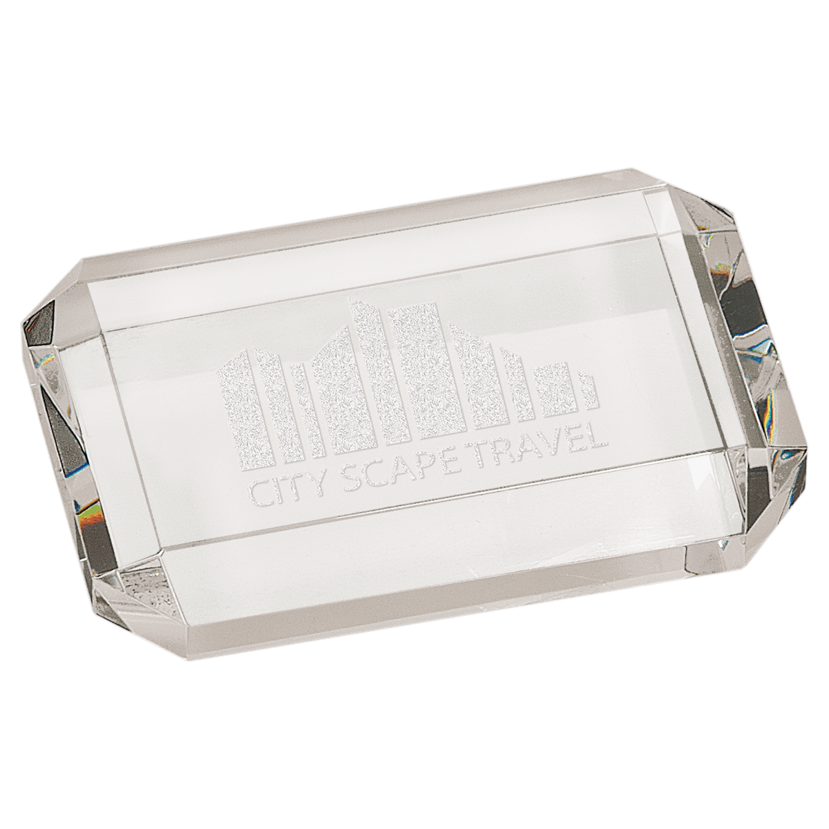 Personalized clipped-corner rectangle optic crystal paperweight