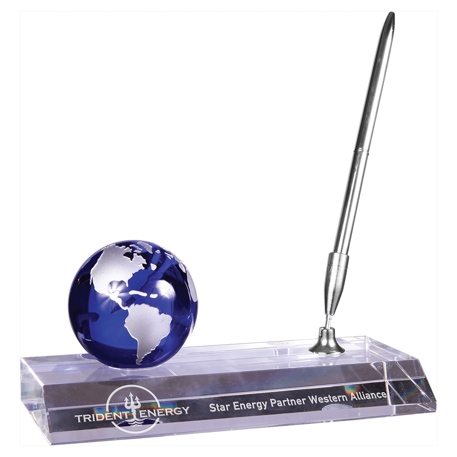 7 inch blue crystal globe desk award with attached pen on clear base