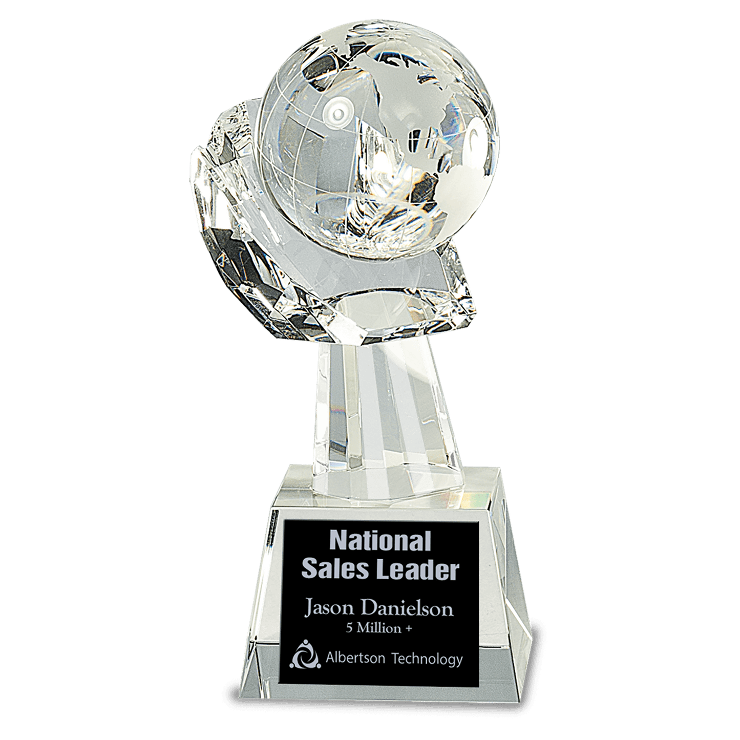 8 inch clear crystal globe resting in a sculpted crystal hand on clear base