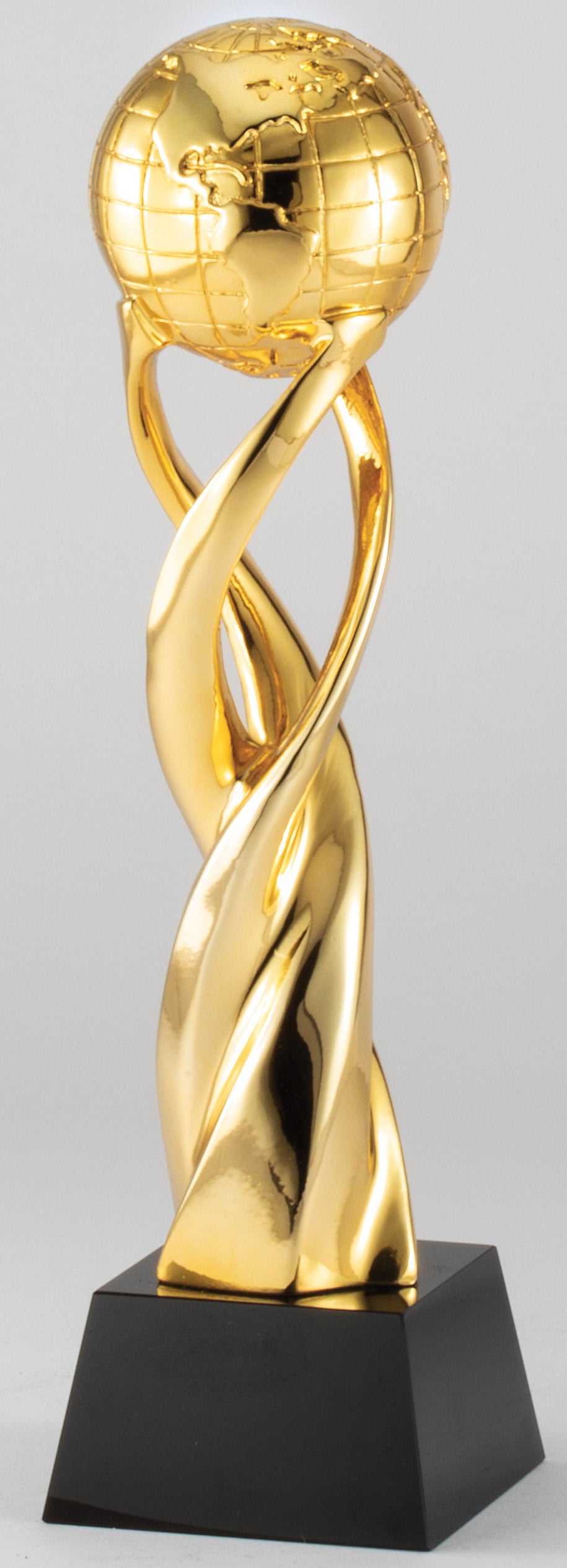 Gold spiral world globe trophy on a black base