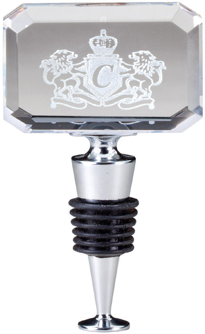 Personalized crystal wine bottle stopper with engraved optic crystal top and stainless steel stopper