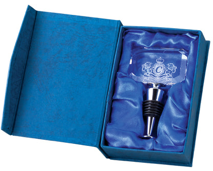 Engraved crystal wine bottle stopper shown in black presentation gift box