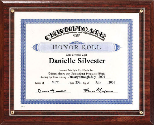 Slide-in certificate plaque with gold trim