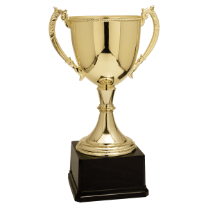 Gold zinc loving cup with ornate handles on a black base