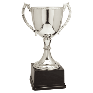 Silver zinc loving cup with ornate handles on a black base
