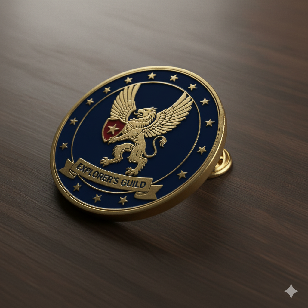 Gold and blue pin emblem with an eagle design on a wooden surface