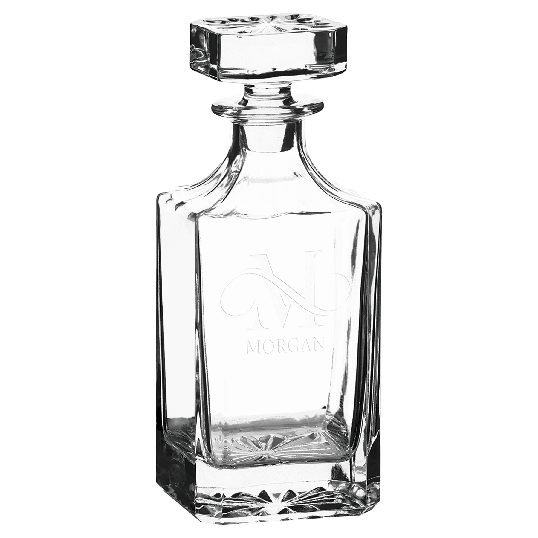 Square clear glass whiskey decanter, 750 mL, in a black gift box