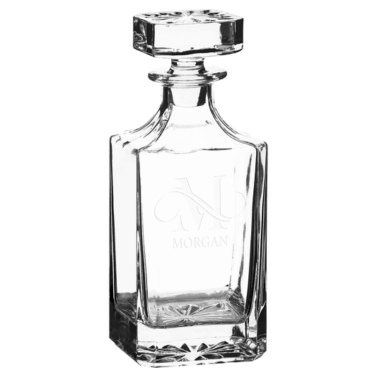 Square clear glass whiskey decanter, 750 mL, in a black gift box