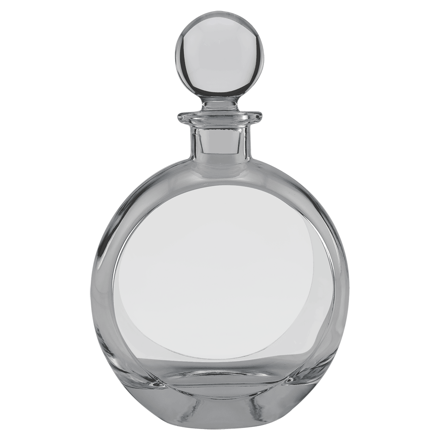 Flat Round clear glass whiskey decanter, 750 mL, in a black gift box