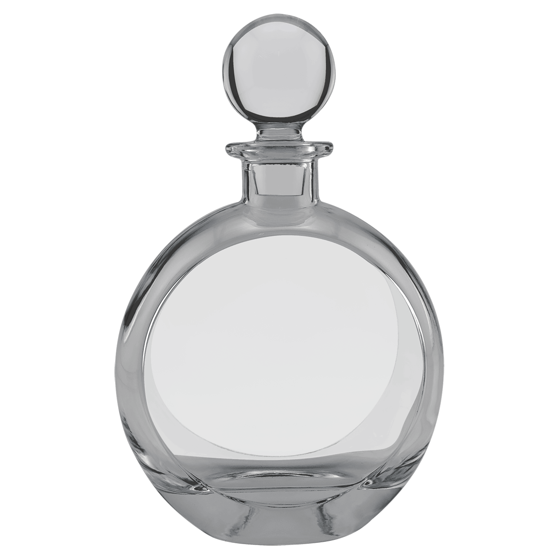 Flat Round clear glass whiskey decanter, 750 mL, in a black gift box