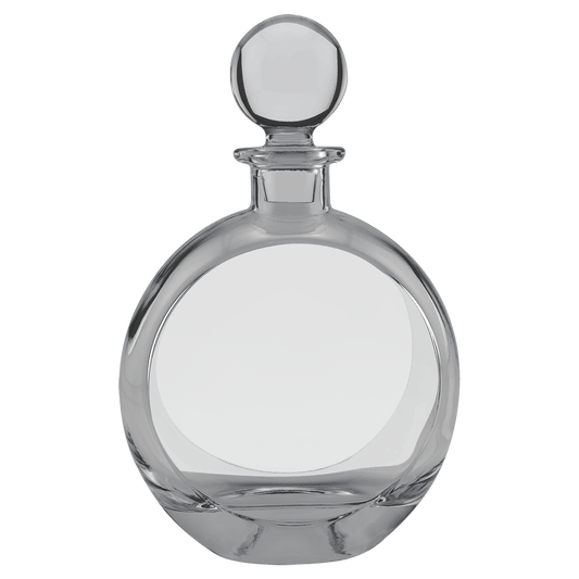Flat Round clear glass whiskey decanter, 750 mL, in a black gift box