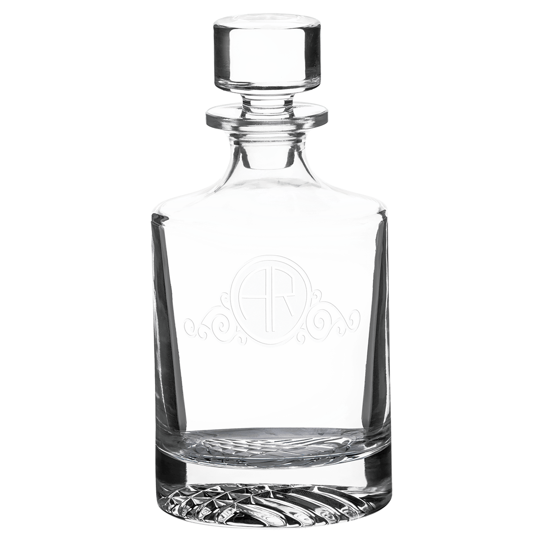 Round clear glass whiskey decanter, 850 mL, in a black gift box